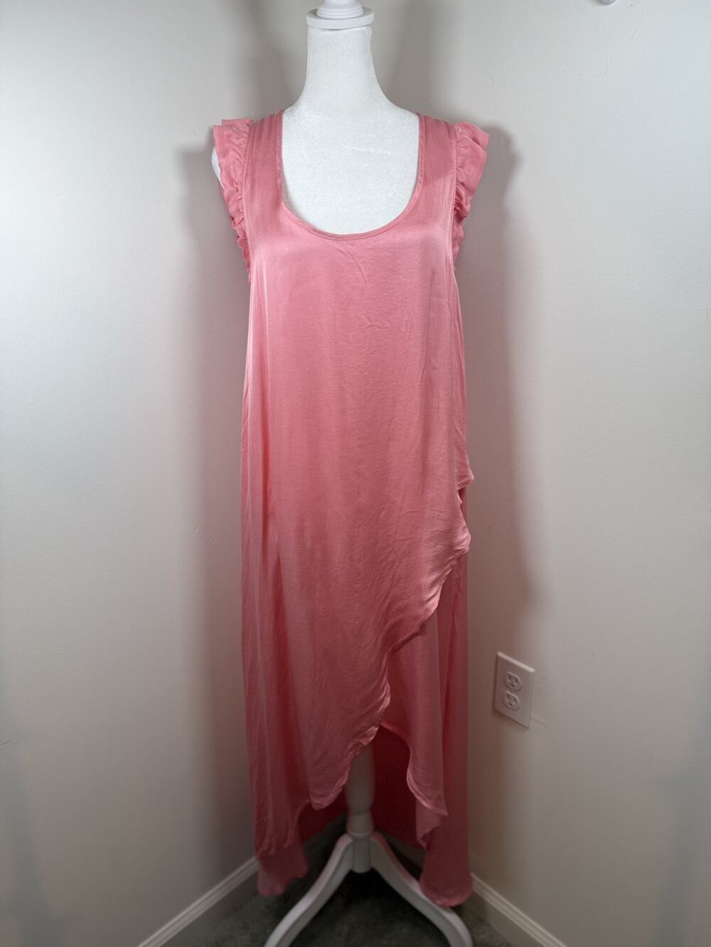 STARK X Jill Dress Pink Coral Maxi Dress High Low Flowy Ruffle Relaxed Beach